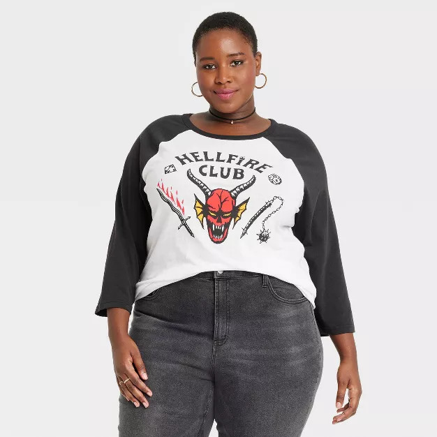 Women's Stranger Things Hellfire Club Raglan 3/4 Sleeve Graphic T-Shirt - White | Target