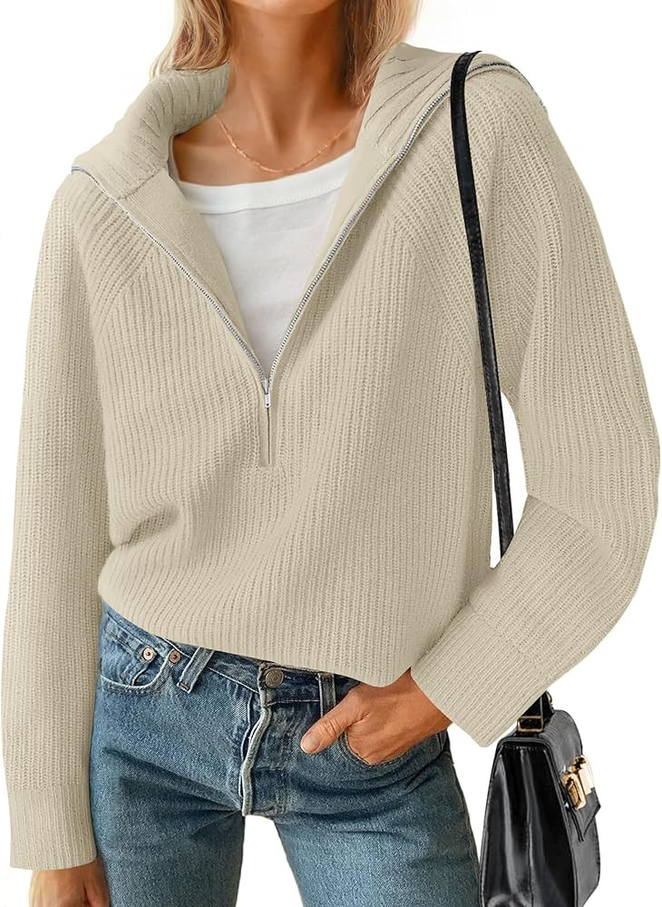 ZESICA Women's V Neck Sweaters 2024 Fall Long Sleeve Half Zipper Ribbed Knit Casual Oversized Pul... | Amazon (US)