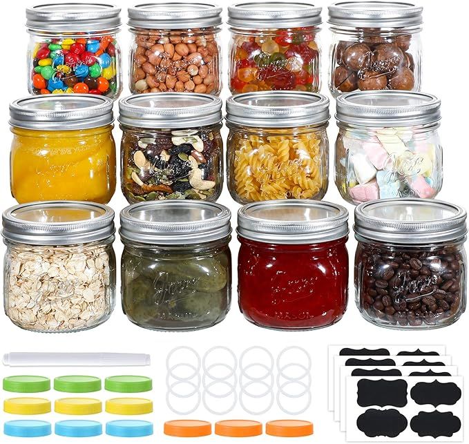 Wide Mouth Mason Jars 12 oz, 12 PACK Glass Canning Jars with Metal Airtight Lids, Leak-Proof Colo... | Amazon (US)