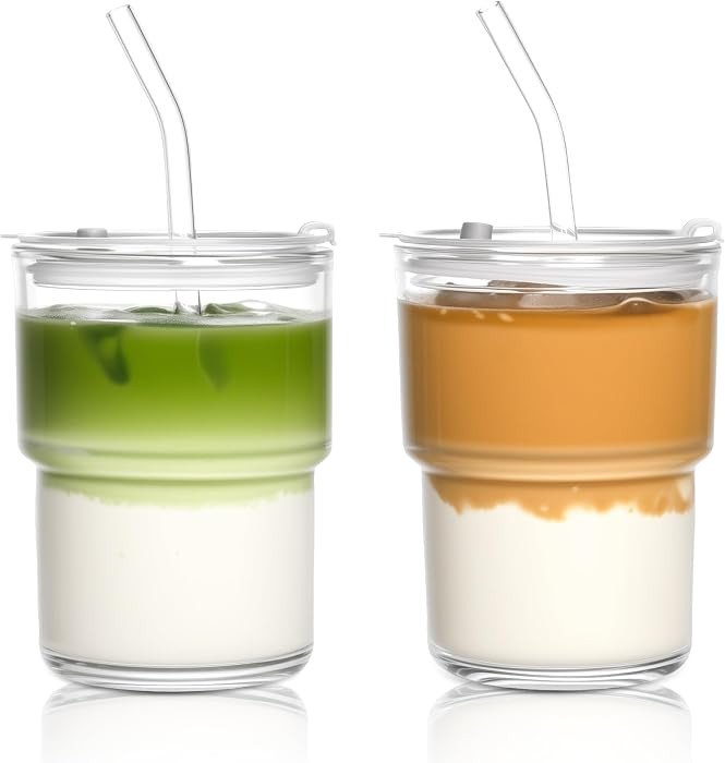 15oz Iced Coffee Cups with Lids Reusable,2Pcs Glass Matcha Cups,Glass Cups with Lids and Straws,C... | Amazon (US)