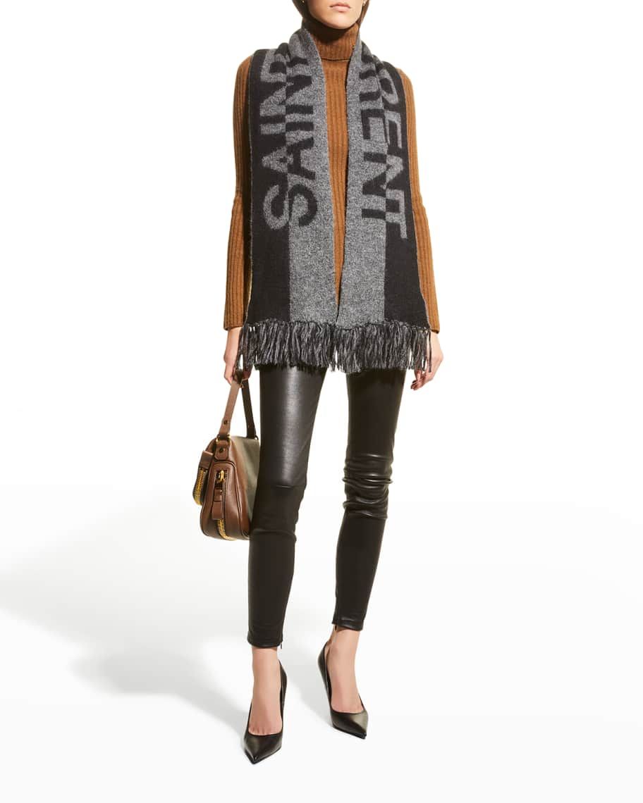 Saint Laurent Split Logo Fringe Wool Scarf | Neiman Marcus