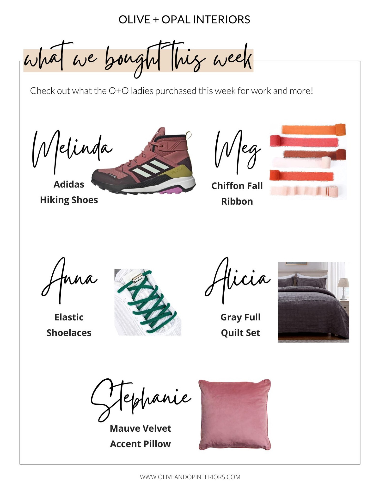 Check out what purchases we made this week!
.
.
.
Adidas
Amazon 
Kirkland’s 
Hiking Shoes 
Fall Chiffon Ribbon 
Mauve Velvet Accent Pillow
Gray Full Quilt Set
Elastic Shoe Laces

#LTKstyletip #LTKfamily #LTKhome