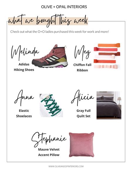 Check out what purchases we made this week!
.
.
.
Adidas
Amazon 
Kirkland’s 
Hiking Shoes 
Fall Chiffon Ribbon 
Mauve Velvet Accent Pillow
Gray Full Quilt Set
Elastic Shoe Laces

#LTKstyletip #LTKfamily #LTKhome