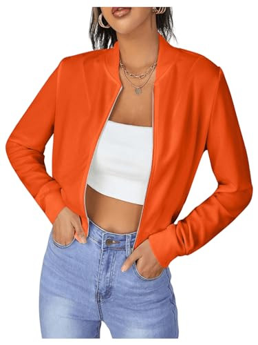 SweatyRocks Women's Casual Long Sleeve Solid Zip Up Coat Crop Bomber Jacket Orange Large | Amazon (US)