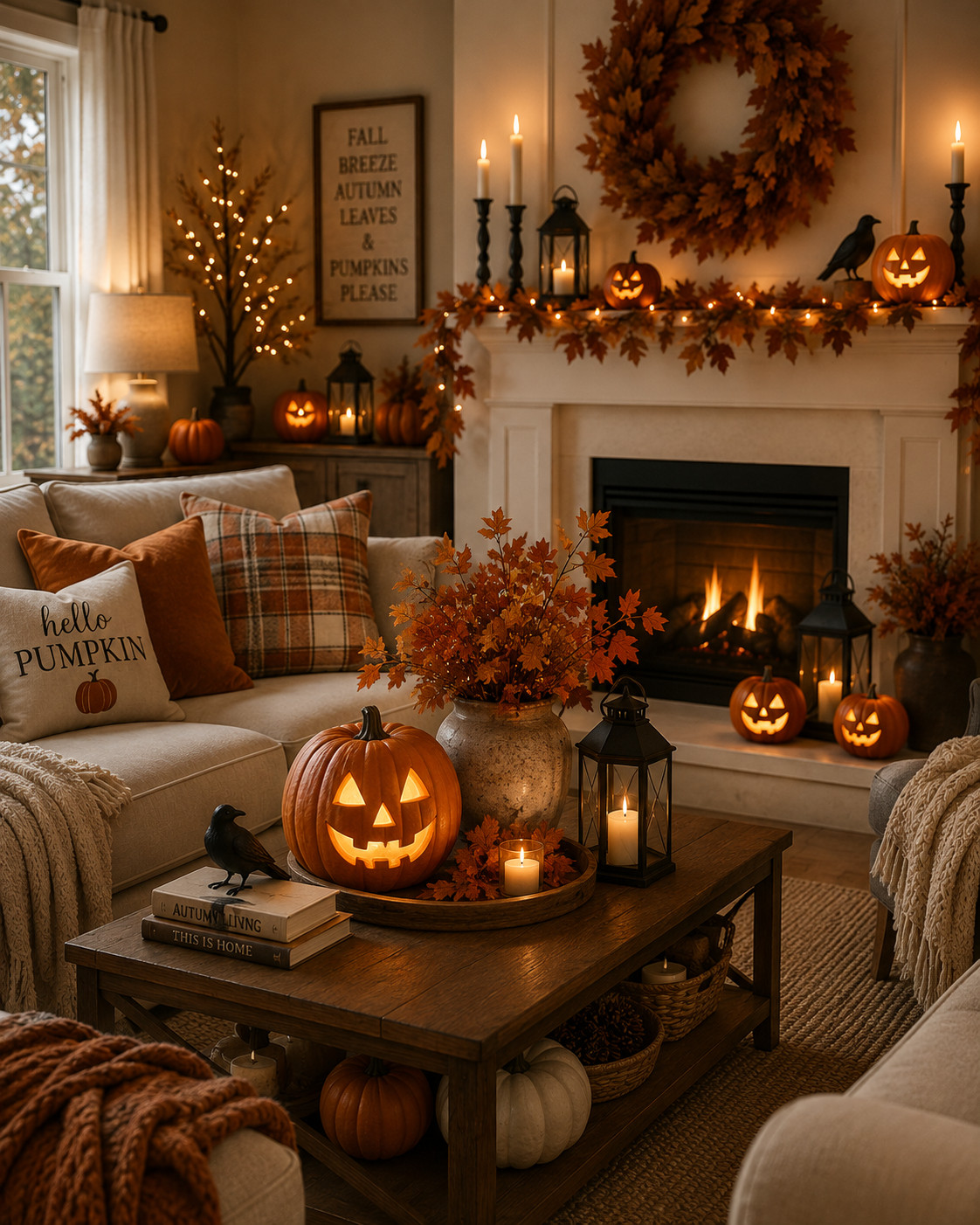 Create the ultimate cozy fall vibe with this warm, Halloween-inspired living room decor 🍂🎃 Featuring glowing jack-o’-lanterns, soft candlelight, autumn garlands, and neutral-toned pumpkins, this space is the perfect mix of spooky and aesthetic. From the layered textures to the inviting fireplace setup, every detail brings those dreamy Pinterest fall vibes to life. Save this for your fall home inspiration and recreate this cozy Halloween look in your own space! 👻🕯️
#fallhome #halloweendecor #cozyhome #pumpkindecor #fallinspo #halloweenvibes #autumndecor #pinteresthome 

 #LTKSeasonal #LTKHome #LTKSaleAlert