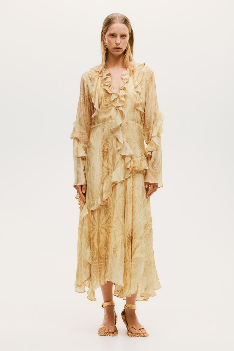 Ruffled Patterned Dress - V-neck - Long sleeve - Pastel yellow/patterned - Ladies | H&M US | H&M (US + CA)