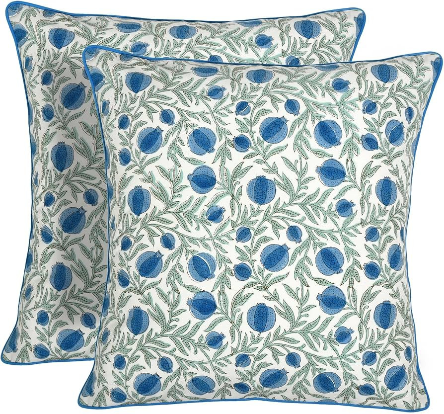 Ridhi Queen Blue Block Print Preppy Grandmillennial Pillow Cover Set of 2-18" x 18" Throw Pillow ... | Amazon (US)