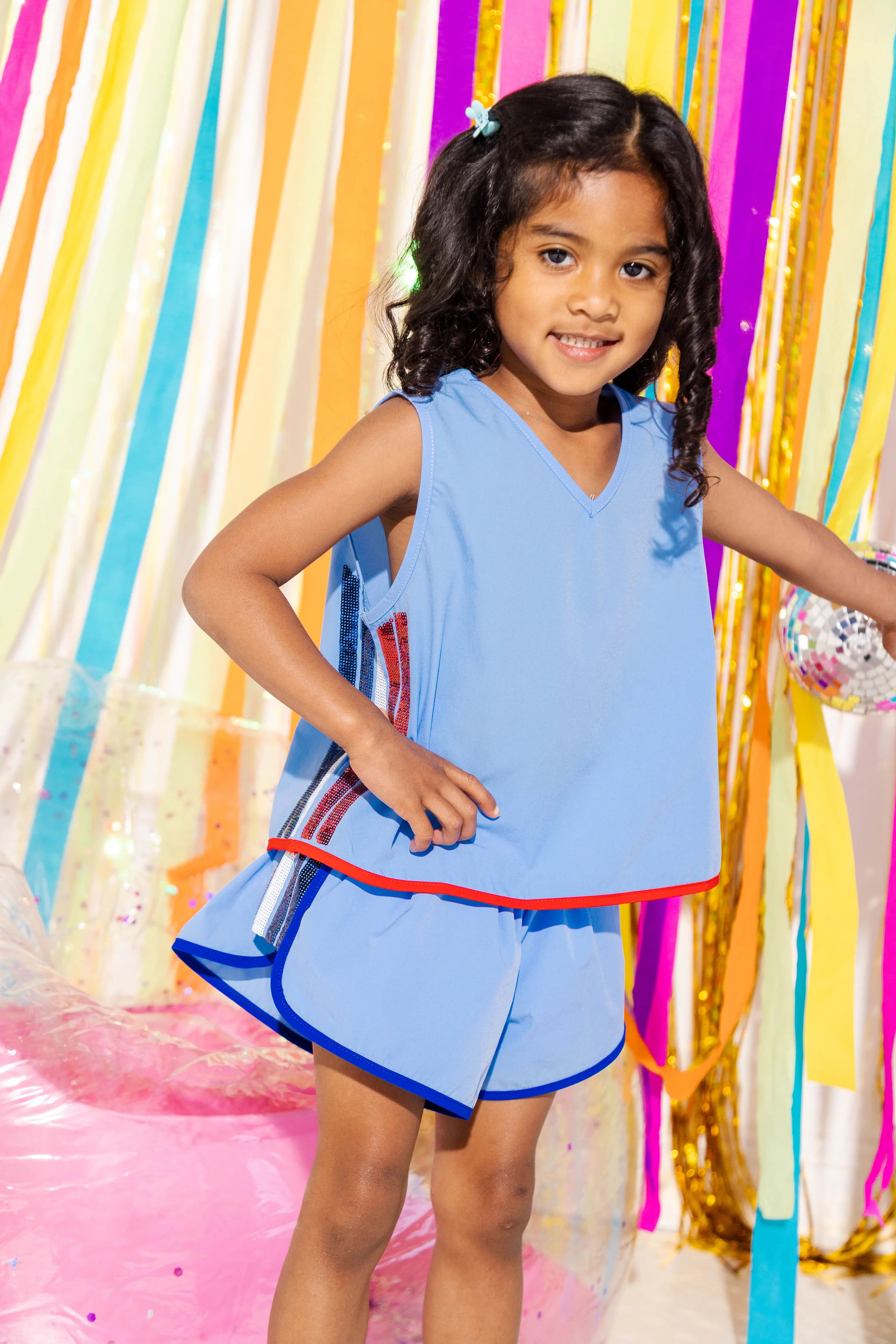 Kids Light Blue With Red, White, Blue Side Active Shorts | Queen of Sparkles