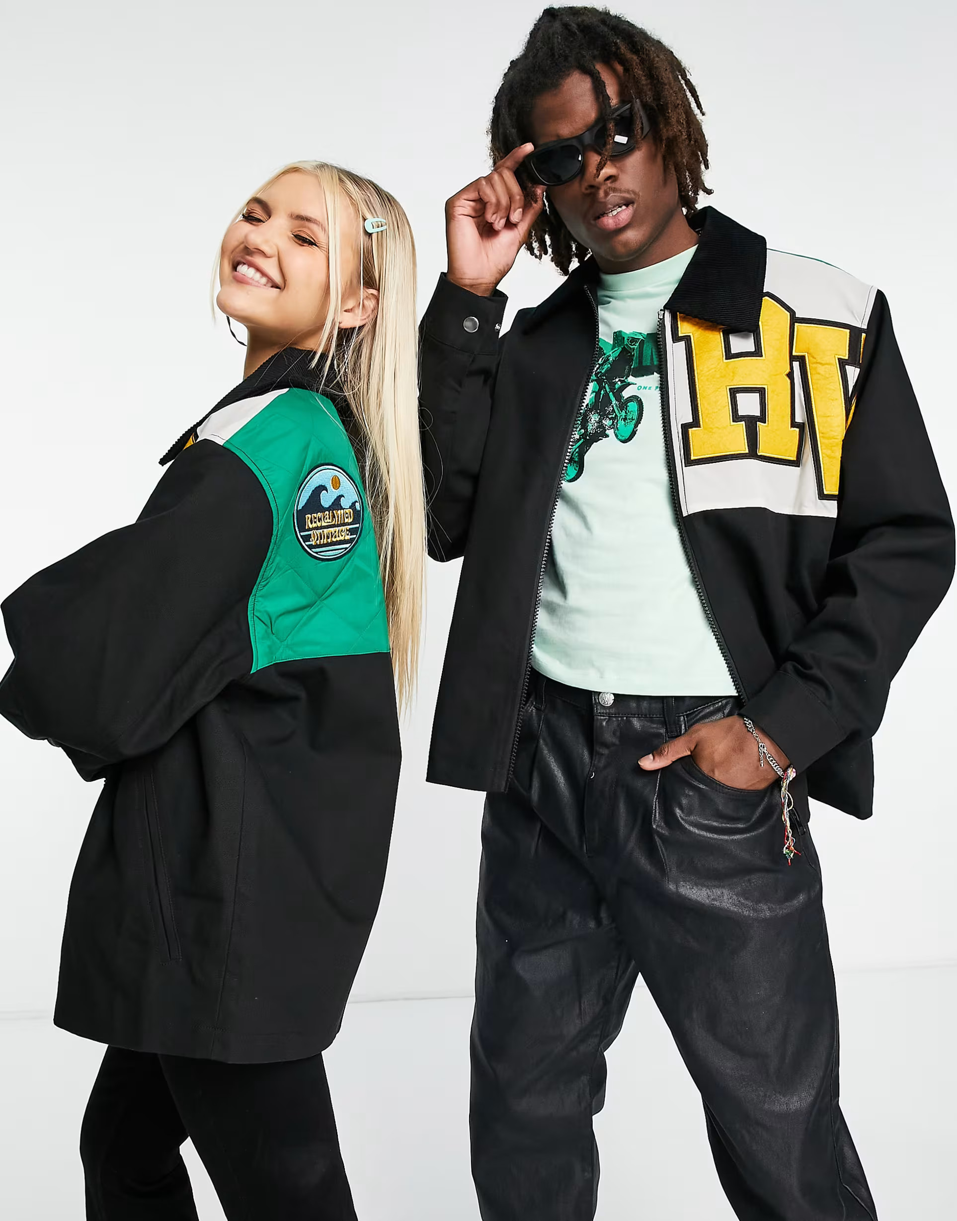 Reclaimed Vintage unisex bomber jacket with patches in black | ASOS (Global)