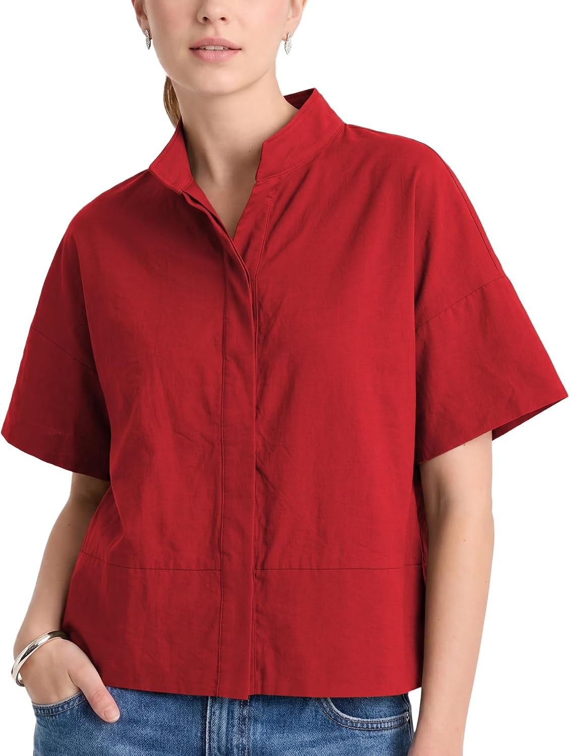 Women Casual Button Down Shirts Oversized Short Sleeve Stand Collar Tops Trendy Work Blouses Summer Travel Outfits | Amazon (US)