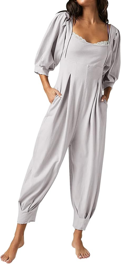 Ebifin Women's Casual Jumpsuits Square Neck Loose Long Pant Rompers with Pockets | Amazon (US)