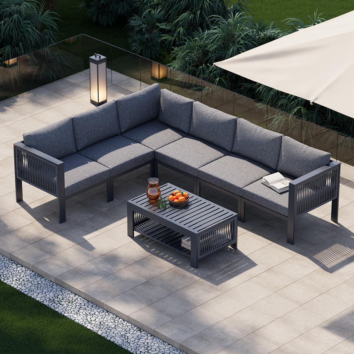 7 PCS Modern Modular L-Shaped Patio Outdoor Sectional Sofa Set with Coffee Table in Gray for 6, Aluminum Frame Outdoor Sectional Sofa Set | Homary