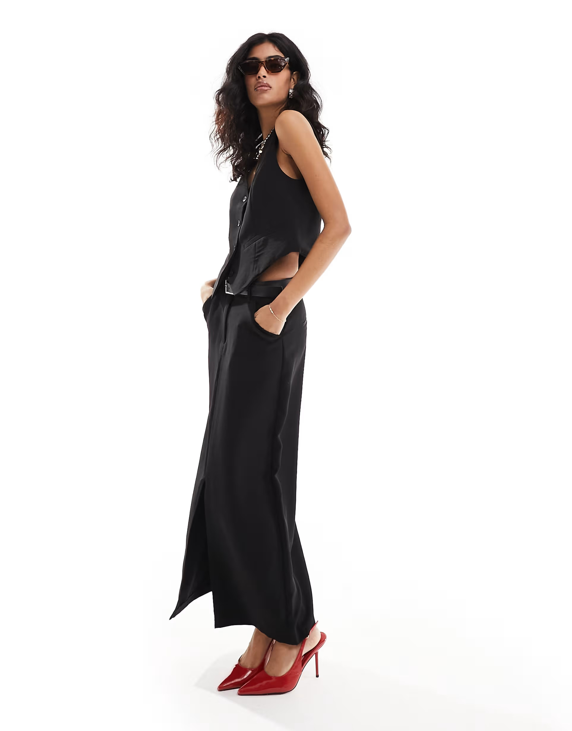 Pieces tailored maxi skirt co-ord with front split in black | ASOS (Global)