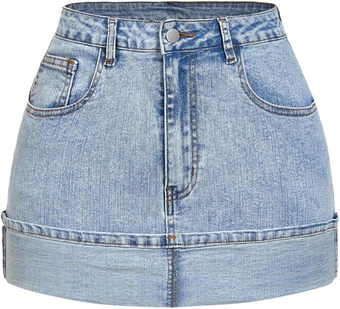 Verdusa Women's Foldover Jean Skirt Streetwear Mini Denim Skirts with Pockets | Amazon (US)