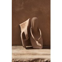 Beige Faux Suede Square Toe Thong Heeled Wedges | PrettyLittleThing UK