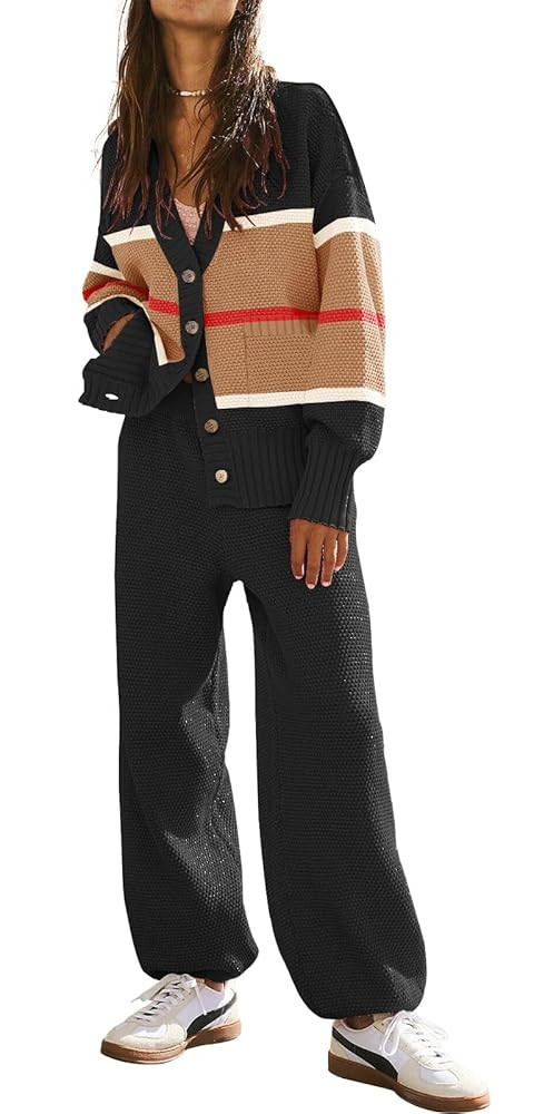 ETCYY NEW Women's 2 Piece Outfit Lounge Set Trendy Cardigan Sweater Pants Sets V Neck Button Pock... | Amazon (US)