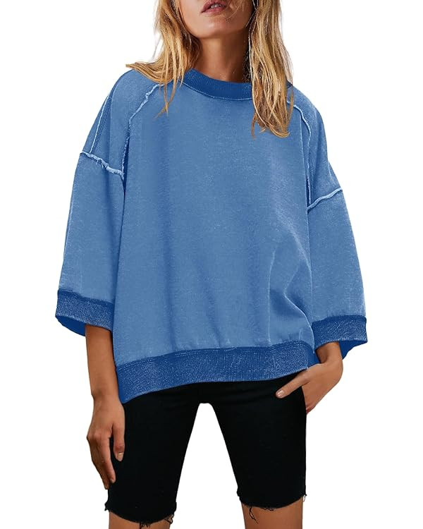 Nirovien Womens Oversized Sweatshirt 3/4 Sleeve Crewneck Sweatshirts Summer Color Block Pullover ... | Amazon (US)