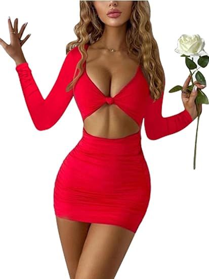 XXTAXN Women's Fall Sexy Bodycon Ruched Long Sleeve Party Birthday Mini Dress | Amazon (US)