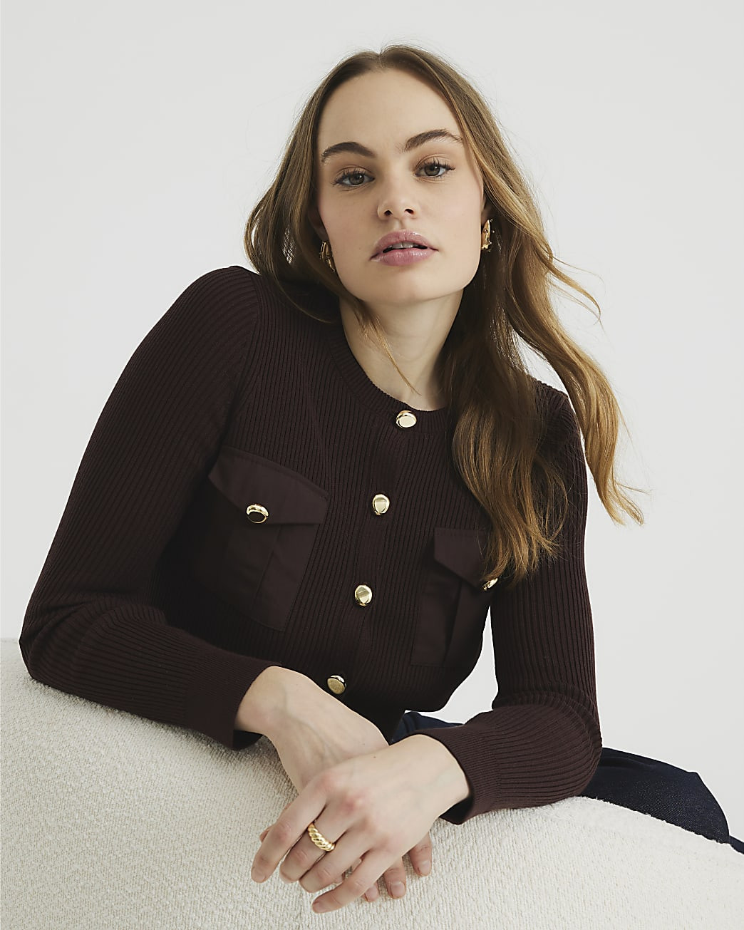 Brown Pocket Detail Fitted Knit Top | River Island UK & IE