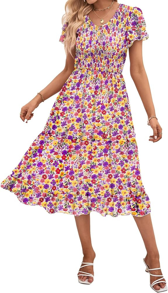 BTFBM Women Casual Summer Short Ruffles Tiered Sleeve Smocked Midi Dresses Bohemian Floral V Neck... | Amazon (US)