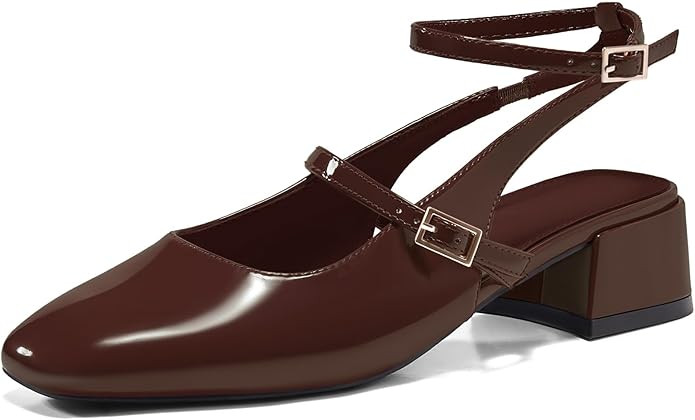 Coutgo Womens Mary Jane Chunky Low Heels Closed Square Toe Ankle Strap Pumps Wedding Party Dress ... | Amazon (US)