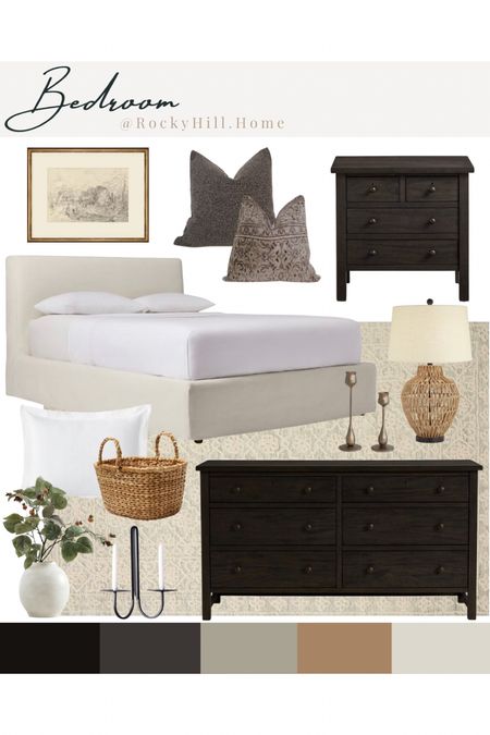 Primary bedroom mood board with an off white bed, dark dresser, pottery barn farmhouse nightstand, double candle wall sconce, tulip candle holder, Turkish rug pillow, seagrass lamp and ivory rug

#LTKstyletip #LTKhome