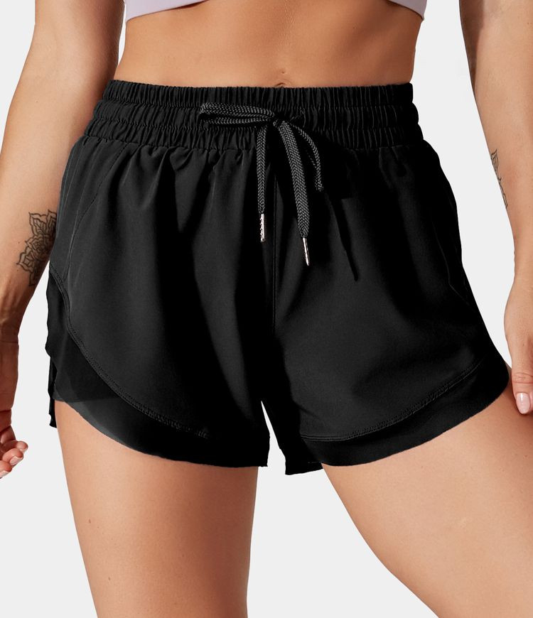 Drawstring Contrast Flowy Mesh 2-in-1 Shorts | HALARA