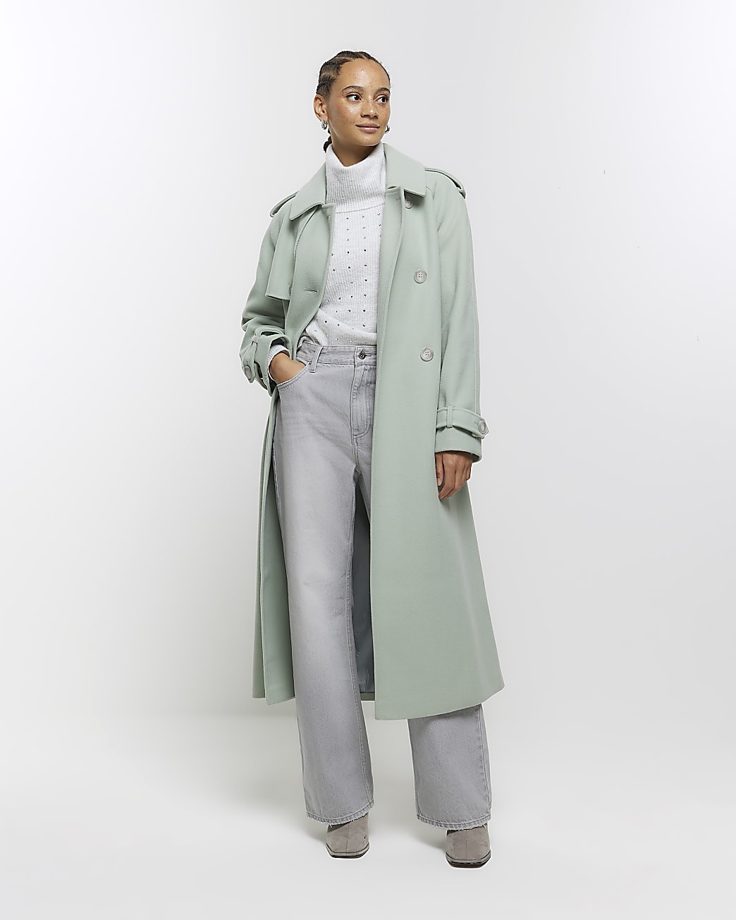 Green belted longline trench coat | River Island (UK & IE)