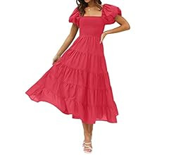 ZESICA Women's 2023 Summer Square Neck Short Puff Sleeve Solid Color High Waist Casual Smocked Fl... | Amazon (US)