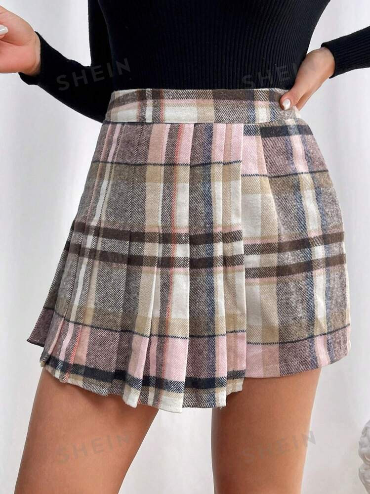SHEIN Privé Women's Plaid Pattern Pleated Skort | SHEIN