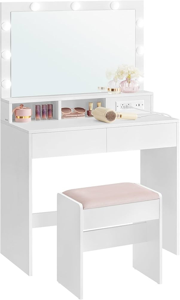 VASAGLE Vanity Desk with Power Outlets, Makeup Vanity with Mirror and Lights, with Upholstered Va... | Amazon (US)