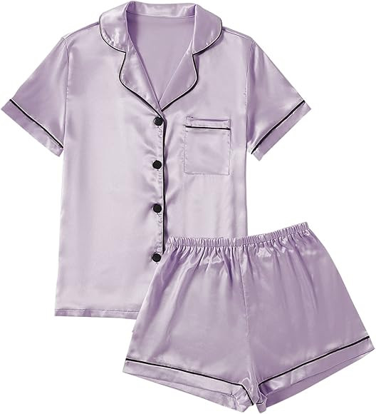LYANER Women's Satin Pajamas Set Short Sleeve Button Shirt Silky Sleepwear with Shorts Set PJ | Amazon (US)