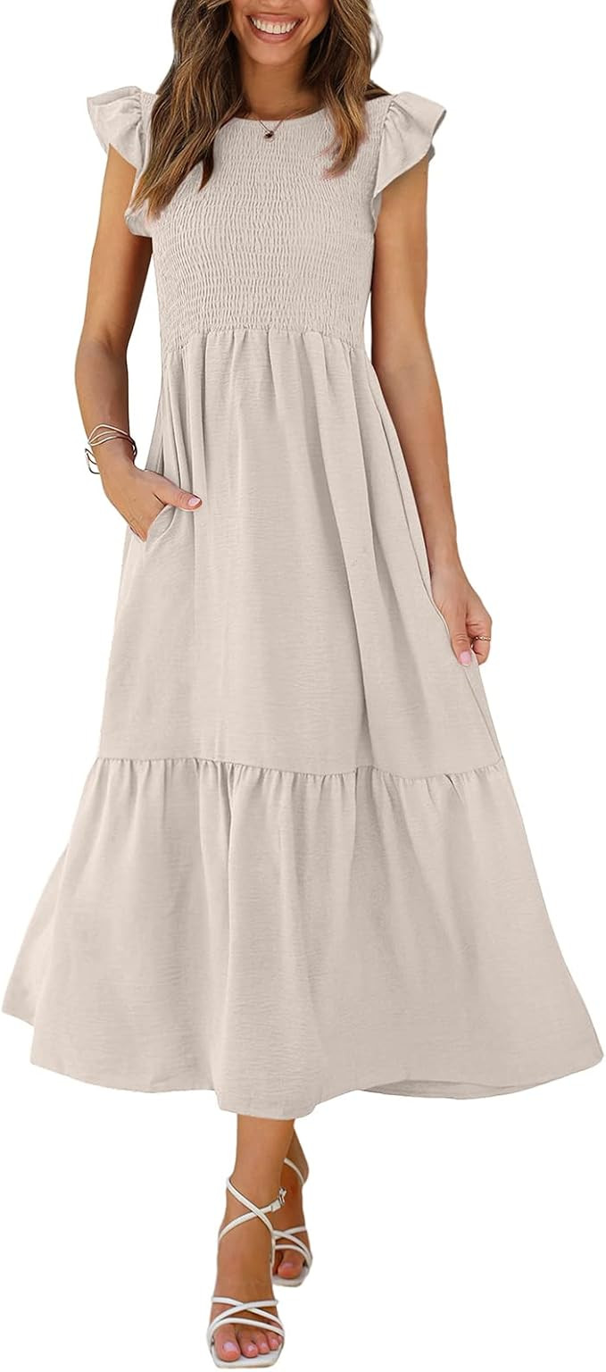 OFEEFAN Women's Casual Maxi Dresses with Pockets Ruffle Sleeve Smocked Dress XS-2XL | Amazon (US)