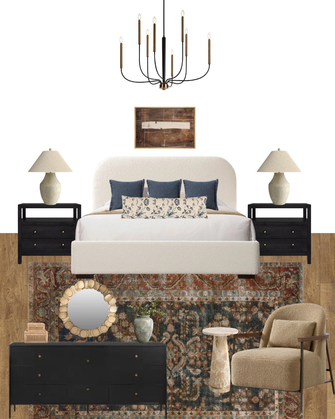 Bedroom, master bedroom, primary bedroom, area rug, blue rug, nightstands, nightstand, dresser, black dresser, table lamp, modern table lamp, neutral, cozy, organic, bed frame, upholstered bed frame, chandelier, art, wall art, end table, accent table, accent table, gold mirror, brass mirror, wall mirror, round mirror, decorative box, bed pillows, lumbar pillows, vase, rustic vase, terracotta vase, Wayfair, sale, Way Day, Wayday, moodboard, mood board, interior design, home decor, home styling 

#LTKHome #LTKStyleTip #LTKFindsUnder100