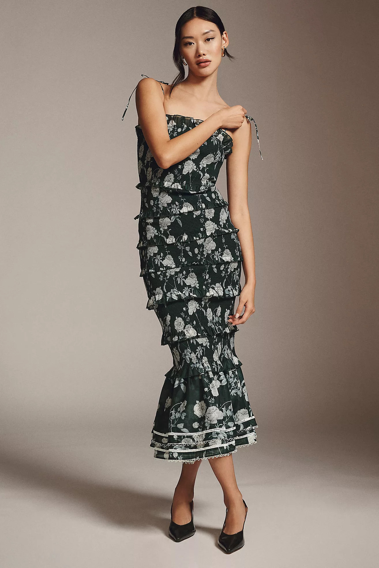 V. Chapman Geranium Ruched & Ruffled Flounce-Hem Stretch Midi Dress | Anthropologie (US)
