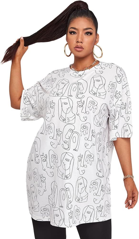 Romwe Women's Plus Size Novetly Graphic Tees Short Sleeve Round Neck Oversized T Shirt Tops | Amazon (US)