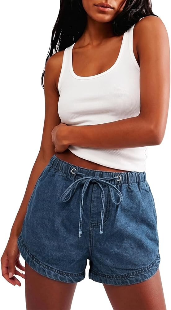 Womens Denim Shorts Summer Wide Leg Acid Wash Drawstring Stretchy Trendy Casual Jean Short | Amazon (US)