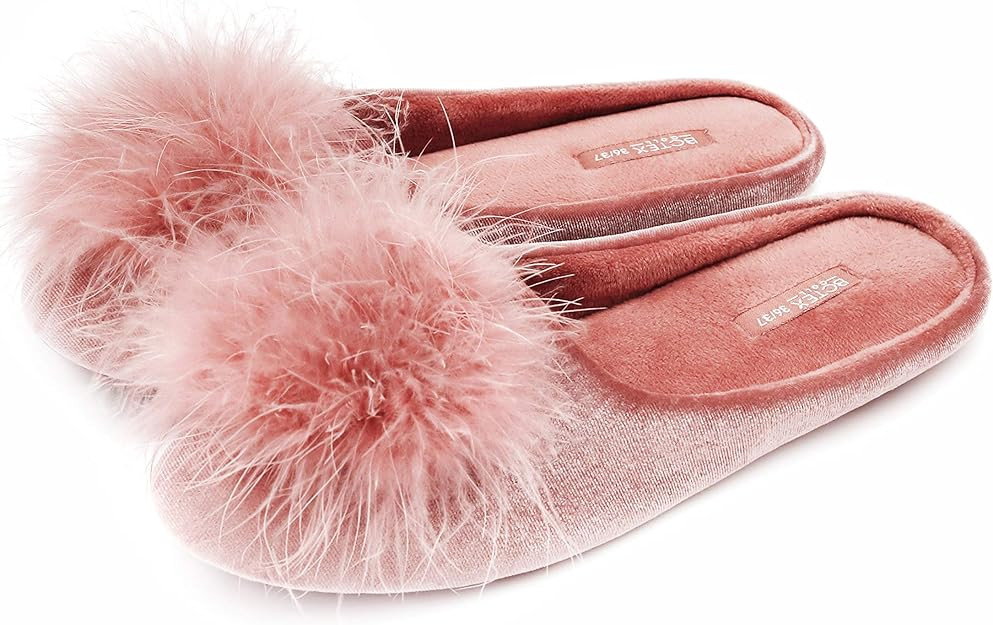 BCTEX COLL Lady's Cozy Velvet Slippers with Fluffy Pom Pom Feather, House Bedroom Shoes with Memo... | Amazon (US)
