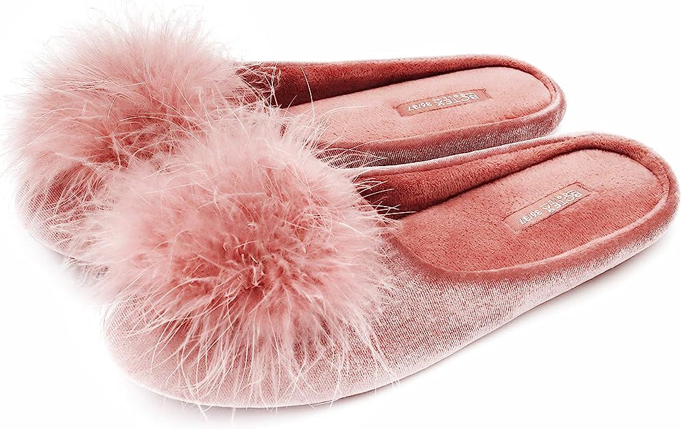 BCTEX COLL Lady's Cozy Velvet Slippers with Fluffy Pom Pom Feather, House Bedroom Shoes with Memo... | Amazon (US)