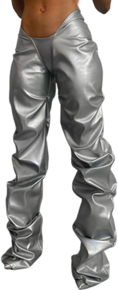 Metallic Pants Women Hipster Faux Leather V Waist Stacked Trousers Ruched Flare Bottoms | Amazon (US)