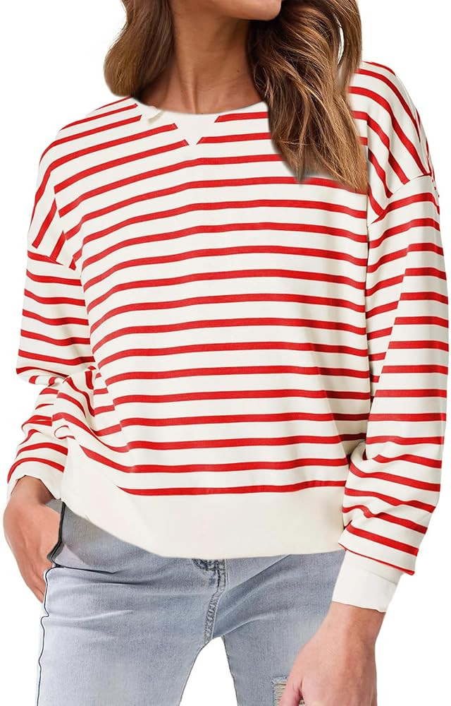 Glamaker Women's Striped Crewneck Sweatshirt Pullover Casual Long Sleeve Cropped Shirts Loose Fit... | Amazon (US)