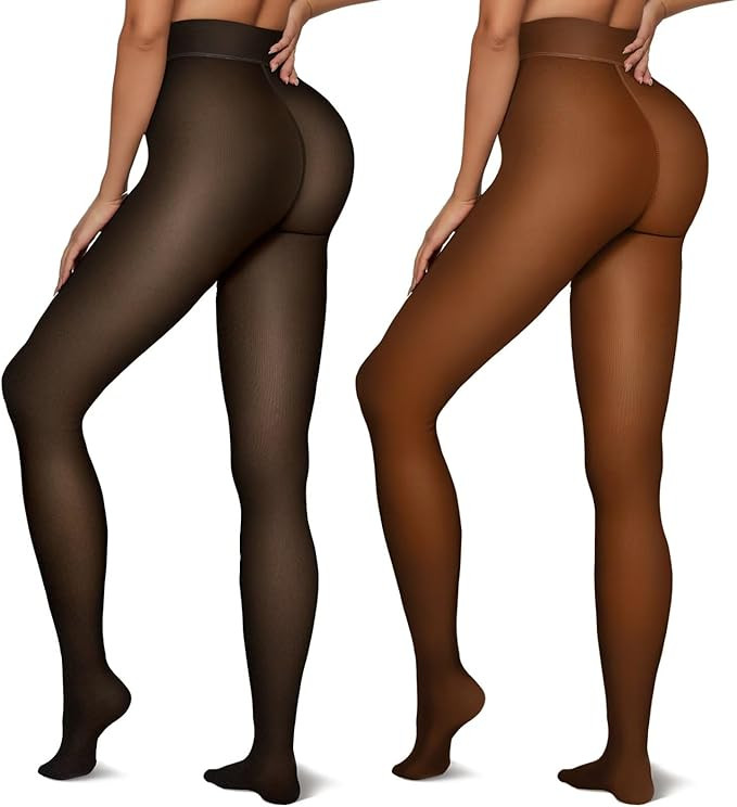 Vertvie 2 Pairs Fleece Lined Tights Women Crotch One Seam Line Warm Sheer Pantyhose Fake Transluc... | Amazon (US)