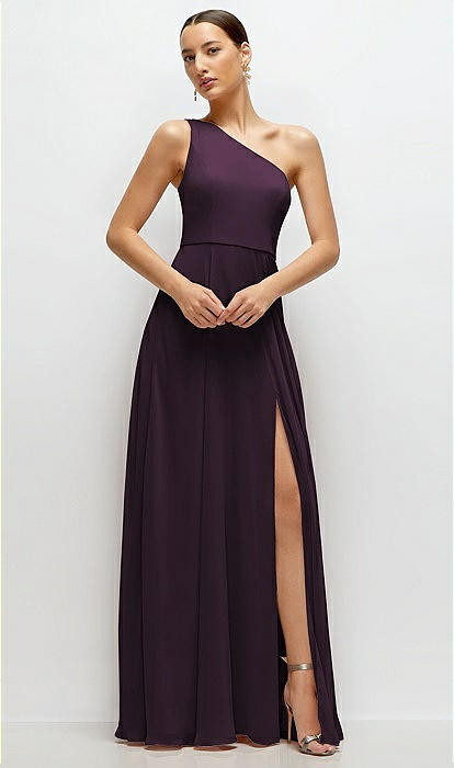 Chiffon One-Shoulder Maxi Dress with Circle Skirt in Aubergine | Dessy Group