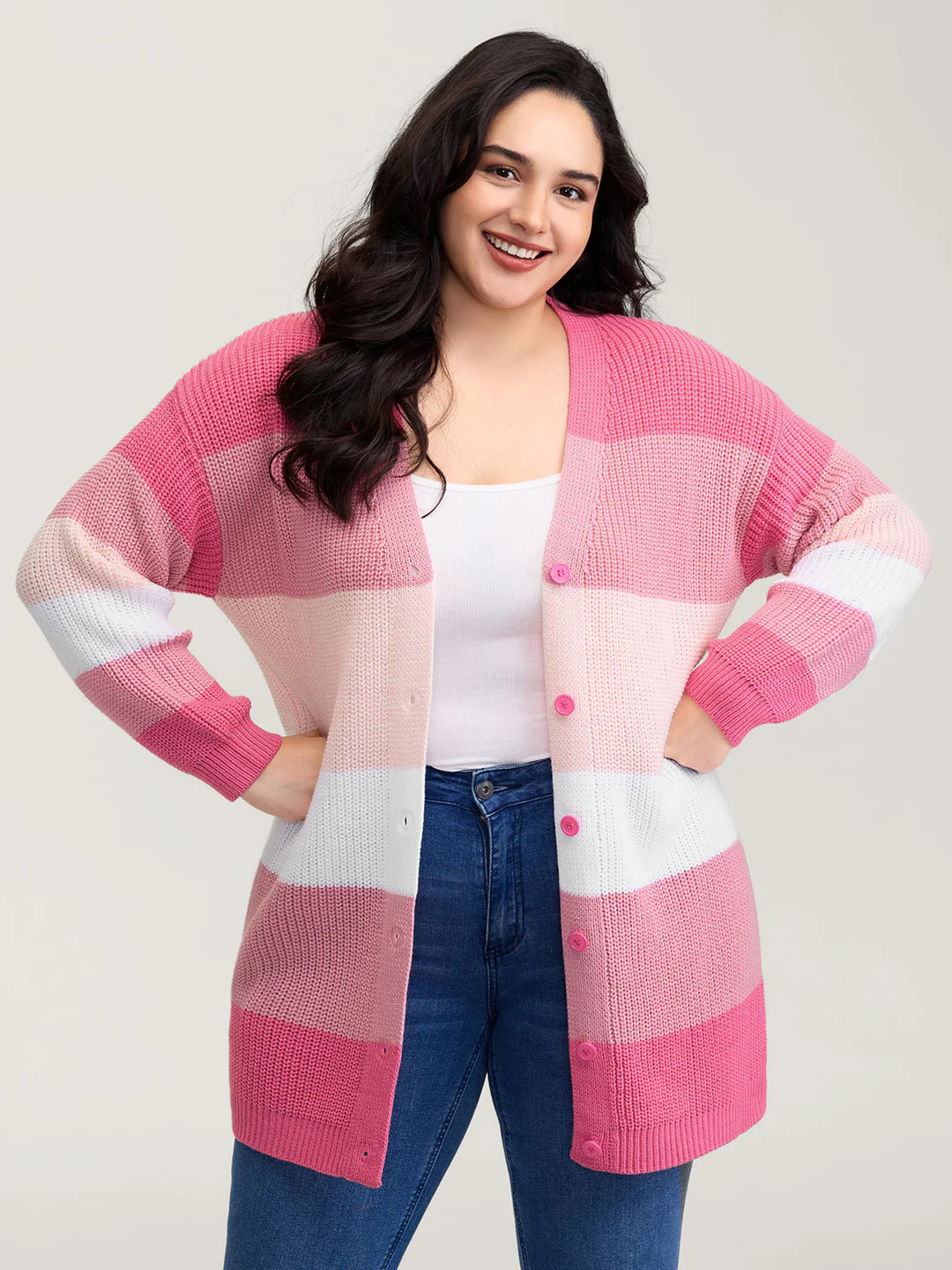 Colorblock Contrast Texture Button Cardigan | Bloomchic