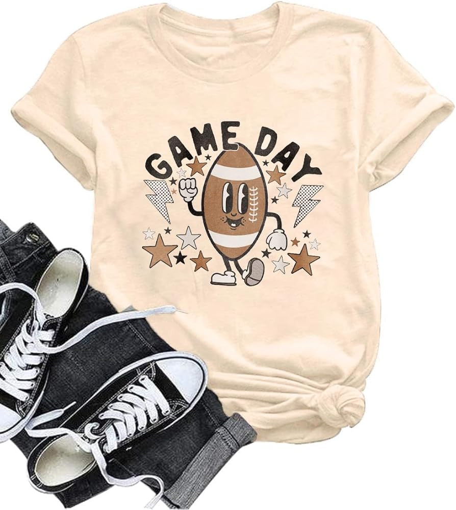 MOUSYA Game Day Football T Shirt Football Mom T Shirt Cute Football Graphic Tee Sunday Funday Foo... | Amazon (US)