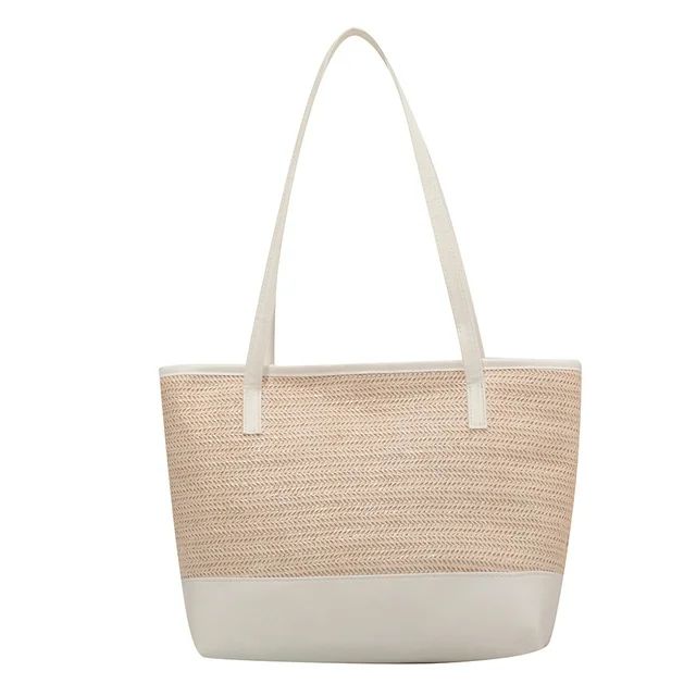 Yucurem Large Straw Woven Handbag Women Leather Splicing Shoulder Tote Bag (White) | Walmart (US)