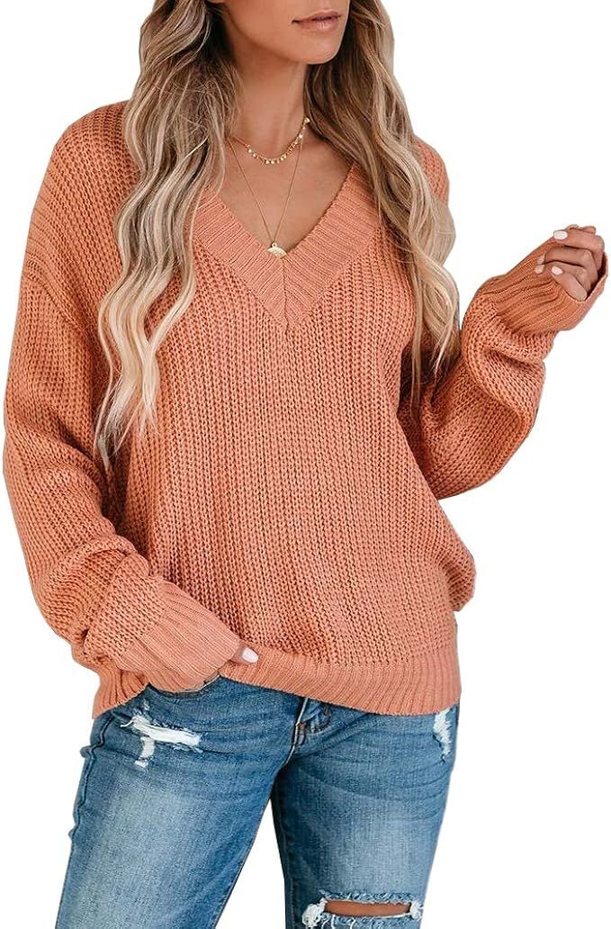 Foshow Womens V Neck Sweaters Oversized Long Sleeve Off Shoulder Ribbed Loose Knit Slouchy Pullov... | Amazon (US)