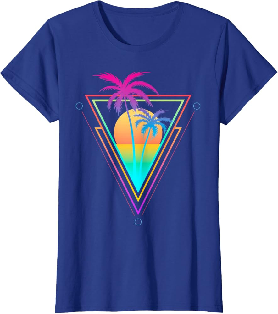 Retro 1980s 1990s Vaporwave Palm Trees Sunset Beach Surf Art T-Shirt | Amazon (US)
