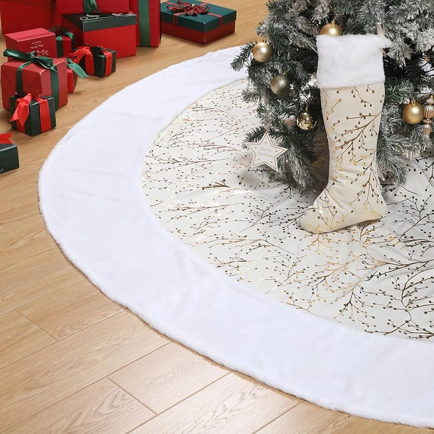 84 Inch Large Christmas Tree Skirt with Christmas Stocking Gold White Extra Faux Fur Plush Christ... | Amazon (US)