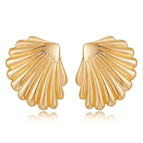Gold Large Textured Stud Earrings for Women Trendy Vintage Statement Shell Earrings Ocean Beach J... | Amazon (US)